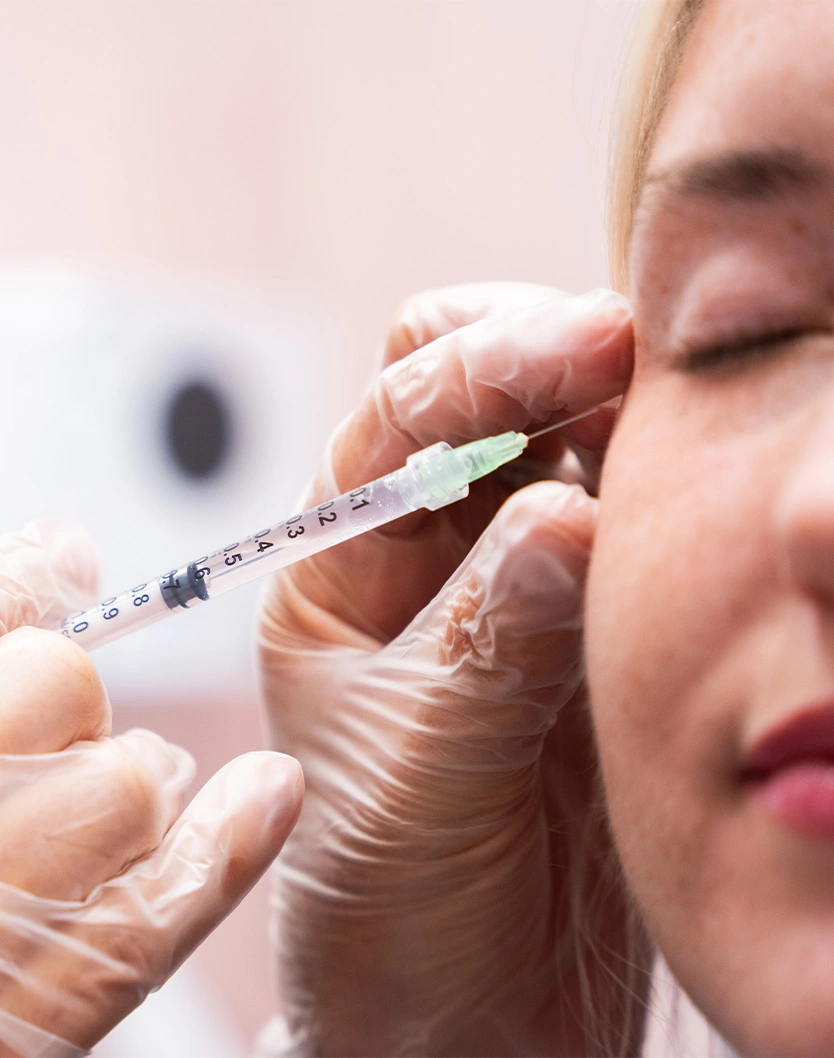 Medical professional administering facial injection treatment to patient with syringe for cosmetic procedure